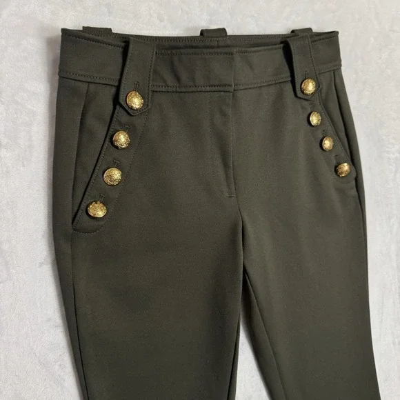 WHBM Jolie Straight Luxe Stretch Pants Size 8 Olive Green Gold Button Sailor - Picture 3 of 16